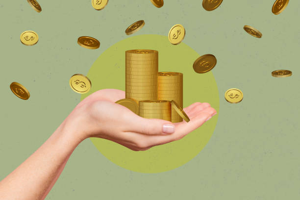istock Sketch image trend artwork photo collage of silhouette huge hand arm hold pile stack coins fall down gold usd dollar money rich symbol 2198318193