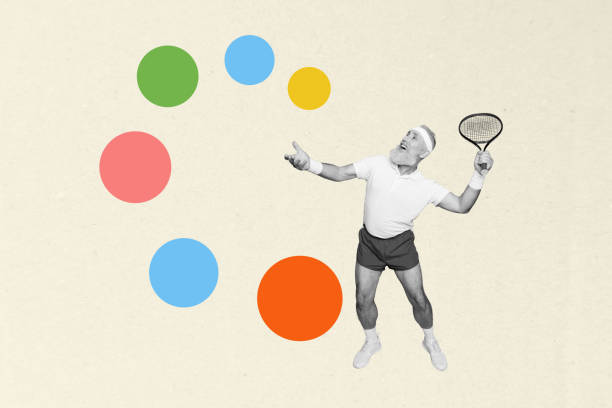 istock Photo collage creative picture elder man training badminton player hit ball circle racket energetic hobby professional sportsman 2198319796