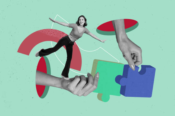 istock Creative collage young pretty excited cheerful woman balancing standing puzzle match connection hands body fragments drawing background 2198320173