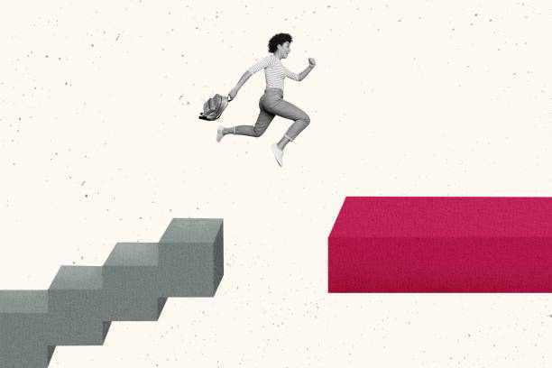 istock Creative picture image collage young woman overcome difficulties jump reach goal leadership persistence inspiration goal achievement 2198320687