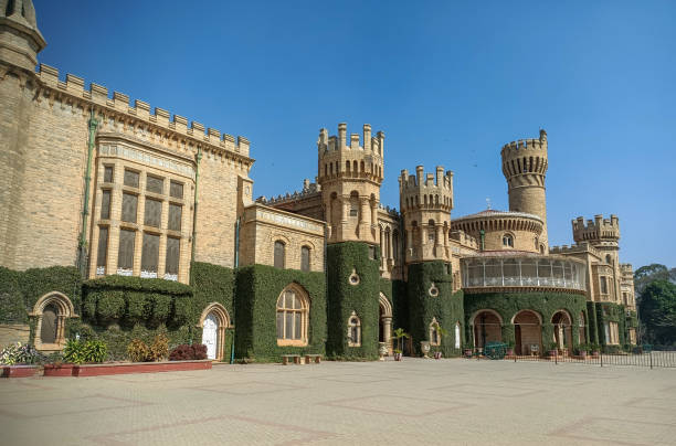 Bengaluru, Karnataka, India-February 5 2025; Iconic Bangalore Palace built in 1887, Scottish Gothic architecture, Victorian style, intricate carvings, ornate windows and regal interiors in India.