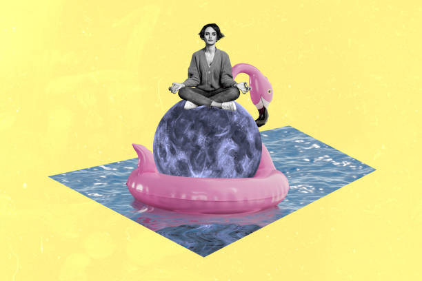 istock Trend artwork composite sketch 3D photo collage of black white silhouette lady keep calm sit on sphere flamingo pool swimming equipment 2198322200