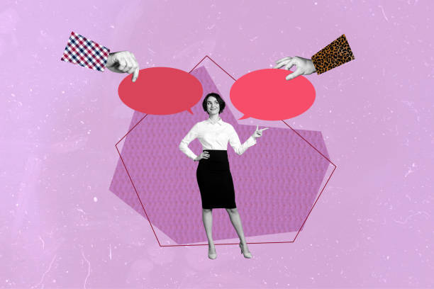 istock Trend artwork 3D photo collage sketch image of young confident lady office manager make choice finger conversation text box mind speech 2198322201