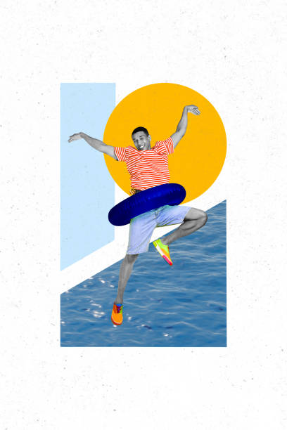 istock Vertical creative image collage picture smiling cheerful man joyful swimmer man ocean water sunny weather seaside drawing background 2198322904