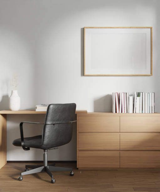 istock frame pictures mockup, wood poster horizontal one frames in wall home work desk, element interior 3d render 2198323030