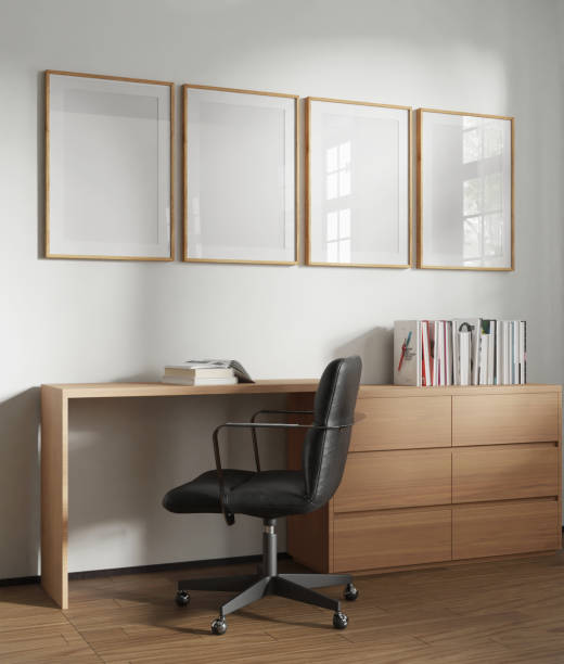 istock frame pictures mockup, wood poster four in wall home work desk, element interior 3d render 2198323035
