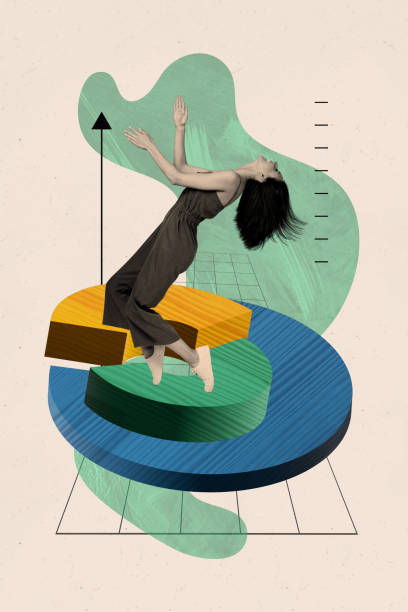 istock Vertical creative collage image young energetic dancing girl infographic 3d statistics achieve goal aim drawing background 2198323555