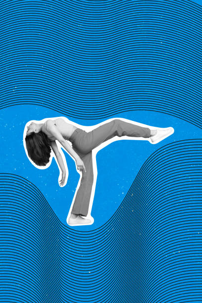 istock Vertical collage image of positive black white effect girl make big step dancing isolated on painted blue background 2198323738