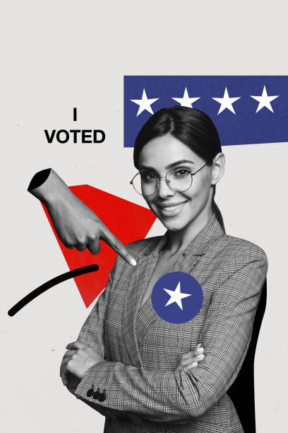 istock Vertical creative collage cheerful young pretty businesswoman authority candidate election 3d arm finger pointing showing make choice 2198324338