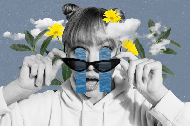 istock Creative photo collage young amazed impressed girl empty eyes face ocean clouds sky yellow daisy sunglasses drawing background 2198324916