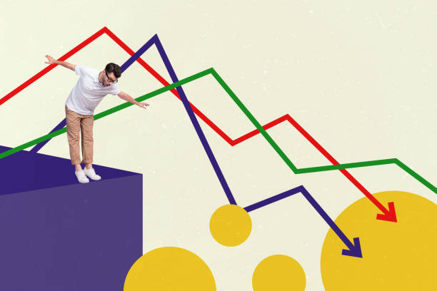 istock Trend artwork image 3D photo collage of young uncertain man unbalanced stand at edge cliff look down arrow stats fall negative result 2198325202