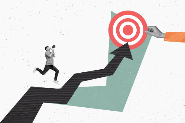 istock Creative collage young man hold loudspeaker running dynamic arrow hit target reach dream goal achievement success motivation inspiration 2198325231