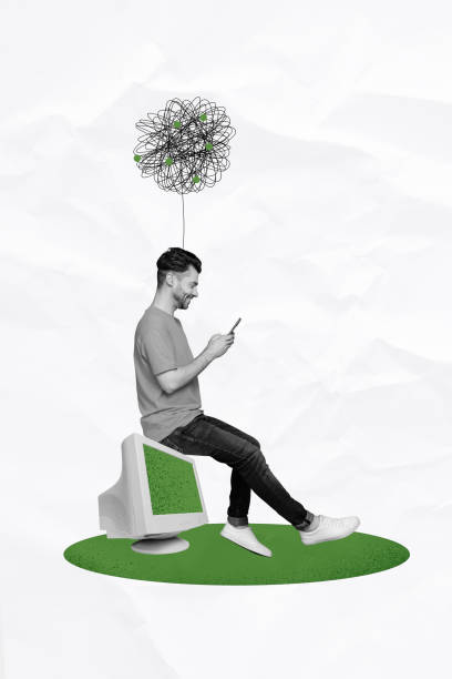istock Vertical photo collage of happy man freelancer type iphone browsing sit old computer monitor think process isolated on painted background 2198325251