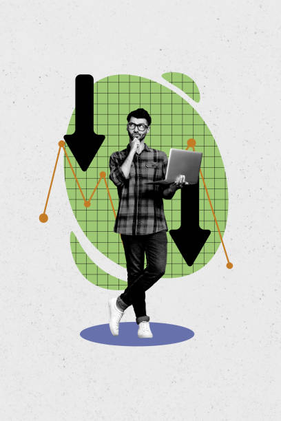 istock Vertical photo collage of thoughtful man sit macbook statistics arrow down loss inflation failure bankrupt isolated on painted background 2198325319