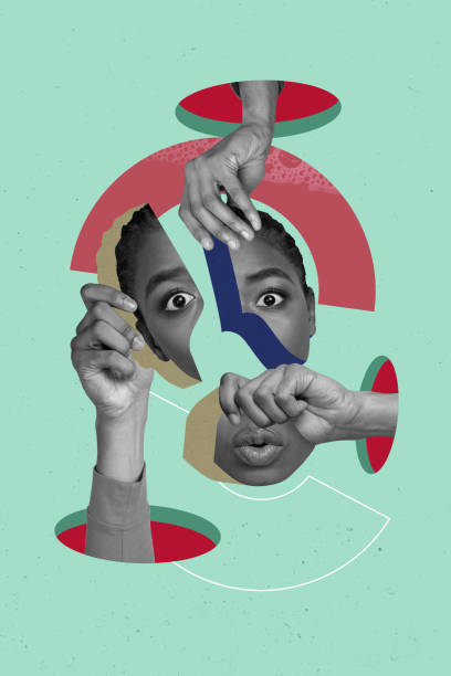 istock Vertical creative picture collage young woman face separated mosaic mouth lips blowing hands harassment victim discrimination 2198327436
