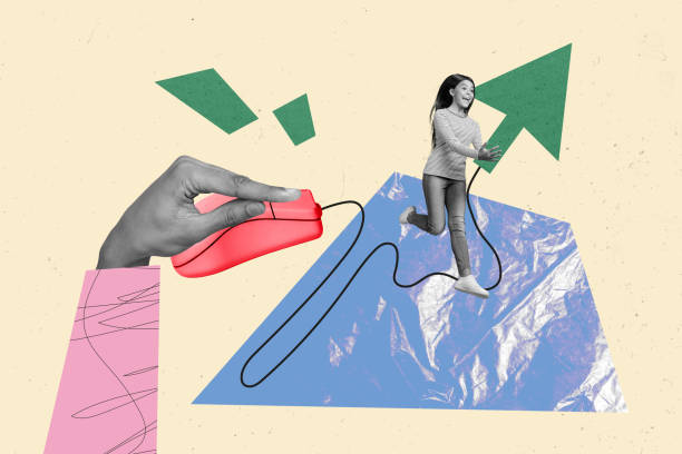 istock Collage placard sketch of cheerful funky small woman hold arrow computer mouse cursor isolated on drawing background 2198327666
