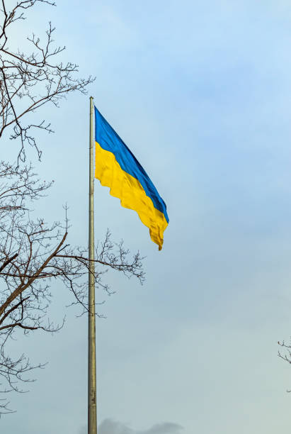 istock Large flag of Ukraine on a high flagpole 2198328110