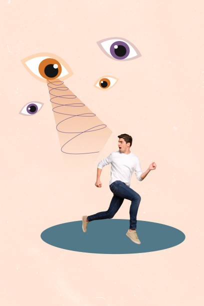 istock Composite trend artwork sketch image 3D photo collage of young scary man run jogging from huge eyes behing look watch spy 2198329108