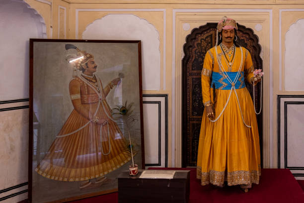 India. Rajasthan. Jaipur (The pink city). Hawa Mahal. (Palace of the Winds). Mannequin representing a Maharaja in traditional royal costume