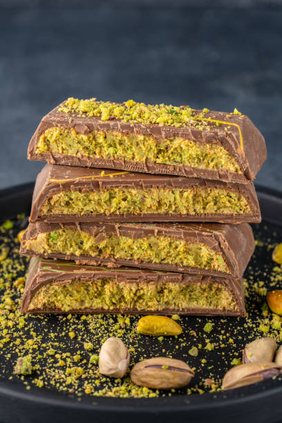 istock Chocolate bar filled with pistachio kunafa. Dubai chocolate 2198329727