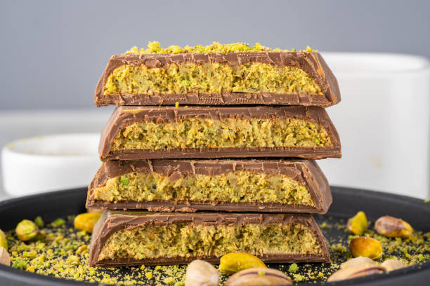 istock Chocolate bar filled with pistachio kunafa. Dubai chocolate 2198329763