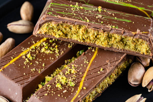 istock Chocolate bar filled with pistachio kunafa. Dubai chocolate 2198329824