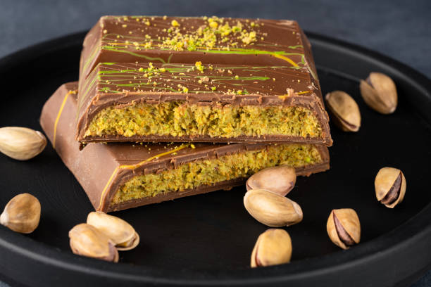 istock Chocolate bar filled with pistachio kunafa. Dubai chocolate 2198330147