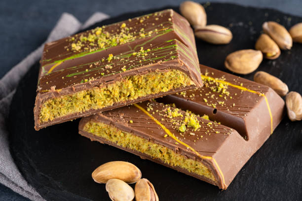 istock Chocolate bar filled with pistachio kunafa. Dubai chocolate 2198330149