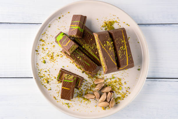 istock Chocolate bar filled with pistachio kunafa. Dubai chocolate 2198330559
