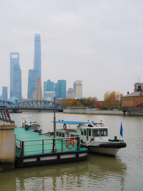 Scenic view of river and the Bund in Shanghai, China in autumn