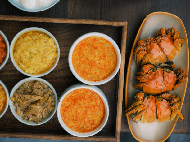 The ripe crabs on the black plate,