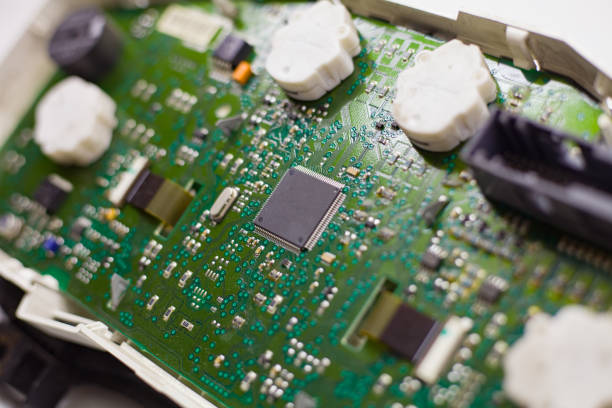 Background real photo microcircuit technical device, car speedometer view from the inside
