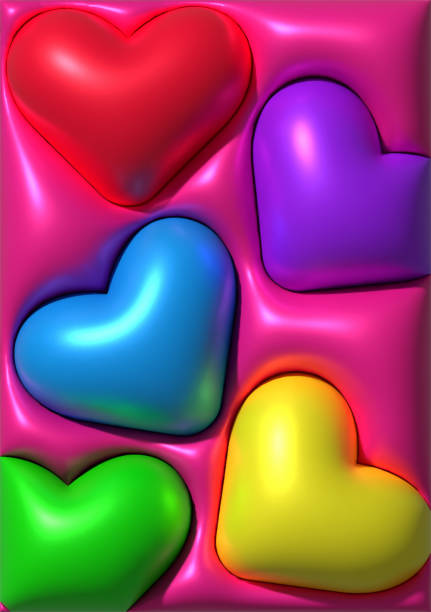 Multi-colored volumetric hearts on a blue background, 3D rendering illustration