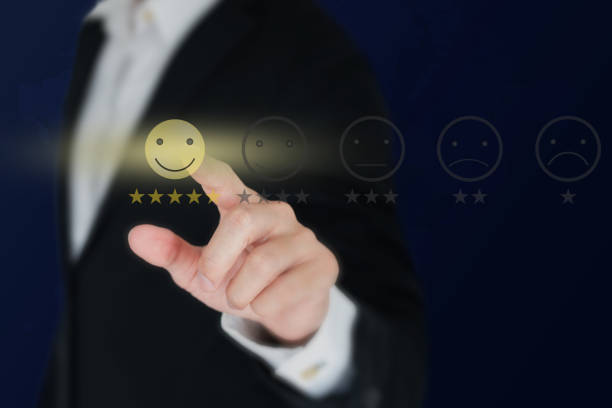 istock Business man point finger hit customer satisfaction score five. 2198348068