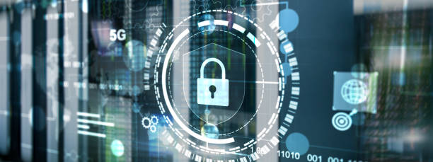istock Cyber protection shield icon on server room background. Information Security 2025 2198350343