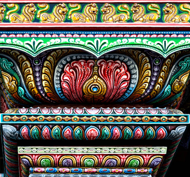 Shot in color detail on the facade of this historic building representing some character, animal or flower. Set at Bangkok, Thailand, Asia