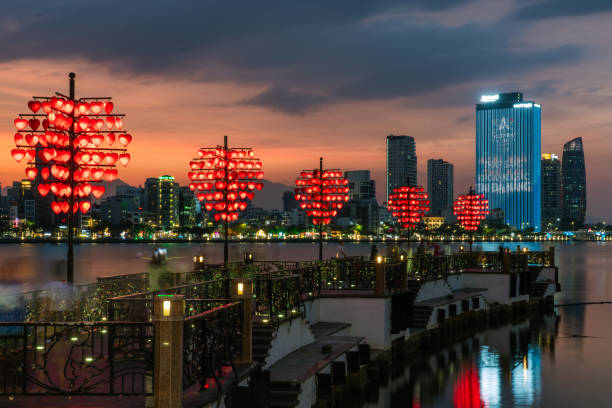 This is an evening view of the Love Lock Bridge, a famous landmark along the Han River on May 16, 2023 in Da Nang, Vietnam