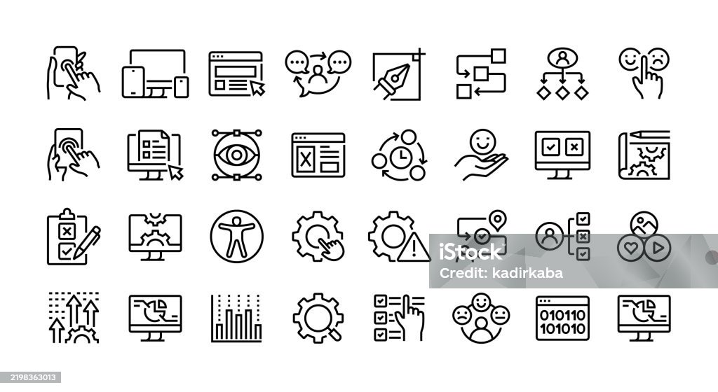 Conjunto de ícones de linha de experiência do usuário. Grupo de objeto. Usabilidade, design responsivo, interface, interação, fluxo de usuários, feedback, satisfação. - Vetor de Ícone de Computador royalty-free Conjunto de ícones de linha de experiência do usuário. Grupo de objeto. Usabilidade, design responsivo, interface, interação, fluxo de usuários, feedback, satisfação. - Vetor de Ícone de Computador royalty-free