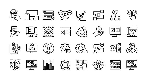 User experience line icon set. Group of object. Usability, responsive design, interface, interaction, user flow, feedback, satisfaction.