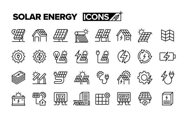 ilustraciones, imágenes clip art, dibujos animados e iconos de stock de conjunto de iconos de línea de energía solar. grupo de objetos. batería, solar, panel, energía verde, energía renovable. - energía renovable