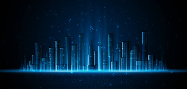 istock Smart city with skyscrapers that light up at night. Concept of future technology city 2198367401