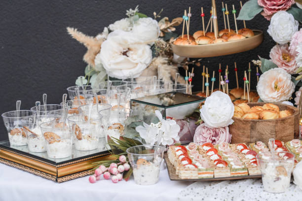 istock Different species of canapes appetizers on buffet table 2198367452
