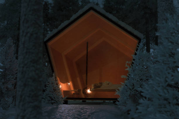 Wooden cabin in a snowy winter landscape. 3D Rendering