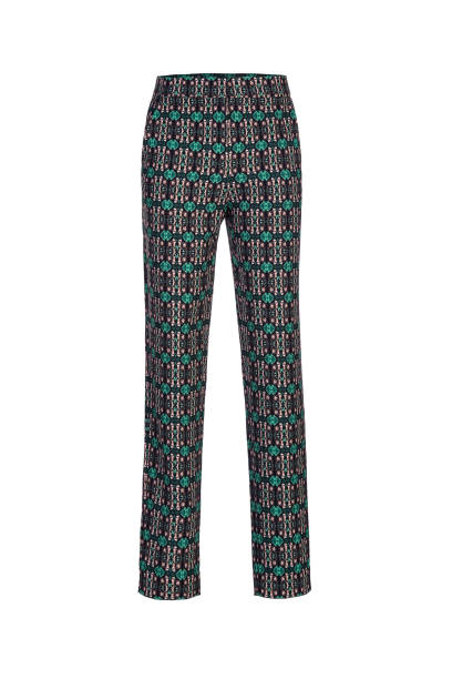 Colorful patterned pants with a straight-leg cut, featuring green, black, and beige geometric designs. The pants are displayed on a white background.