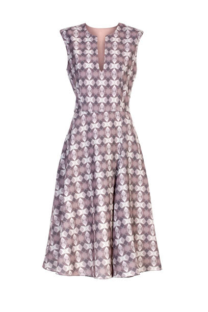istock A sleeveless, knee-length dress with a geometric pattern, featuring a V-shaped neckline. The dress is displayed on a white background. 2198383280