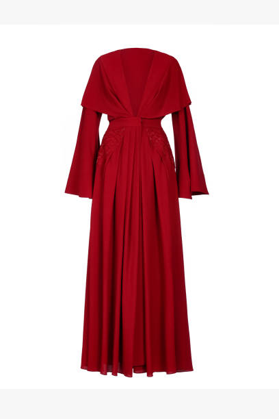 istock A stunning red maxi dress with long sleeves, a deep V-neck, and elegant draping, displayed on a white background. 2198383282