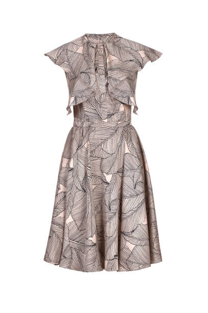 istock A vintage-style beige dress with a black leaf pattern, featuring ruffled sleeves and an A-line skirt. The dress is displayed on a white background. 2198383285