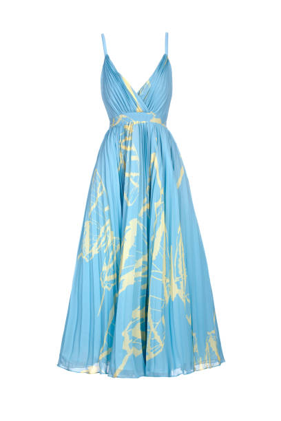 istock A sleeveless, pleated blue midi dress with thin straps and a wrap-style bodice, featuring an abstract print. 2198383291