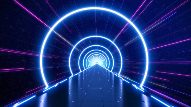 istock Hyperjump in space. Tunnel with neon arcs, Multicolored glowing neon rays. High speed tunnel motion zooming in 2198387840