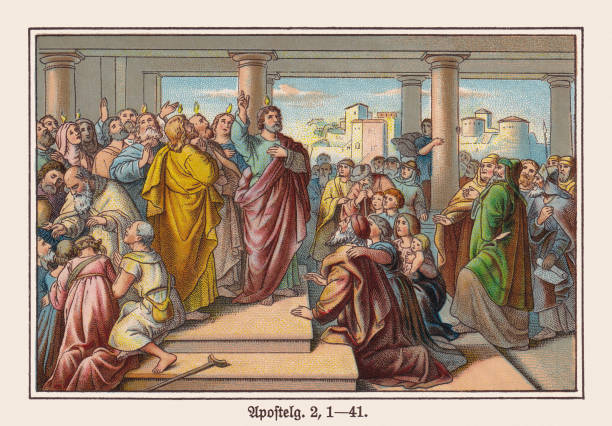 ausgießung des heiligen geistes (apg 2). chromolithographie, erschienen um 1898 - pfingsten stock-grafiken, -clipart, -cartoons und -symbole